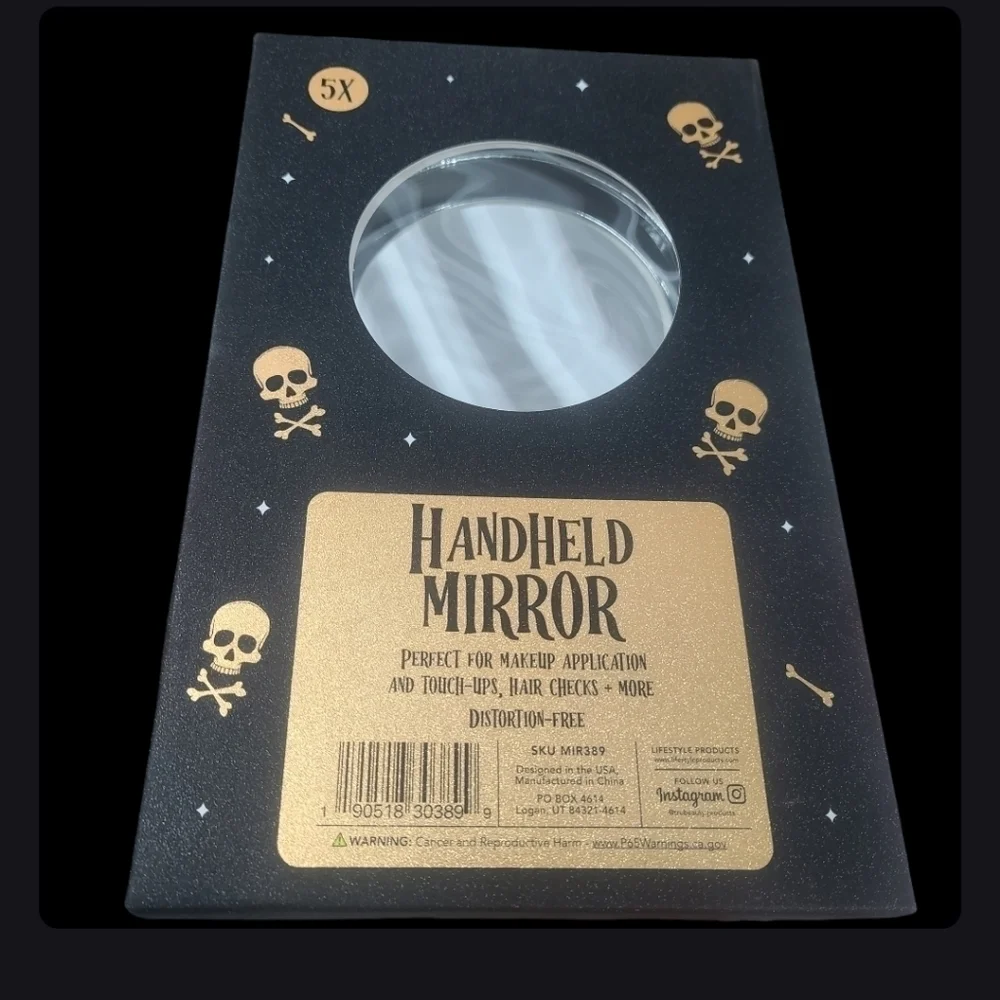 Glam Rhinestone Skull & Crossbone 5x Magnification Hand Held Mirror Halloween